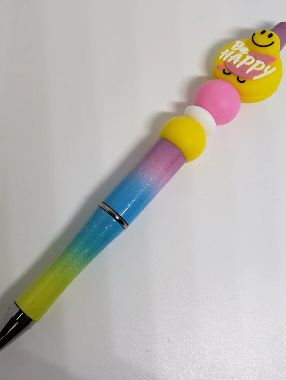 Handmade Glitter Rainbow Be Happy Smiley Face Silicone Focal Beaded Pen